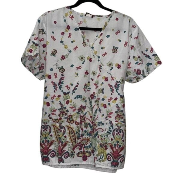 Floral & Ribbon Print Wrap-Style Short Sleeve Top By Denice - Picture 1 of 7